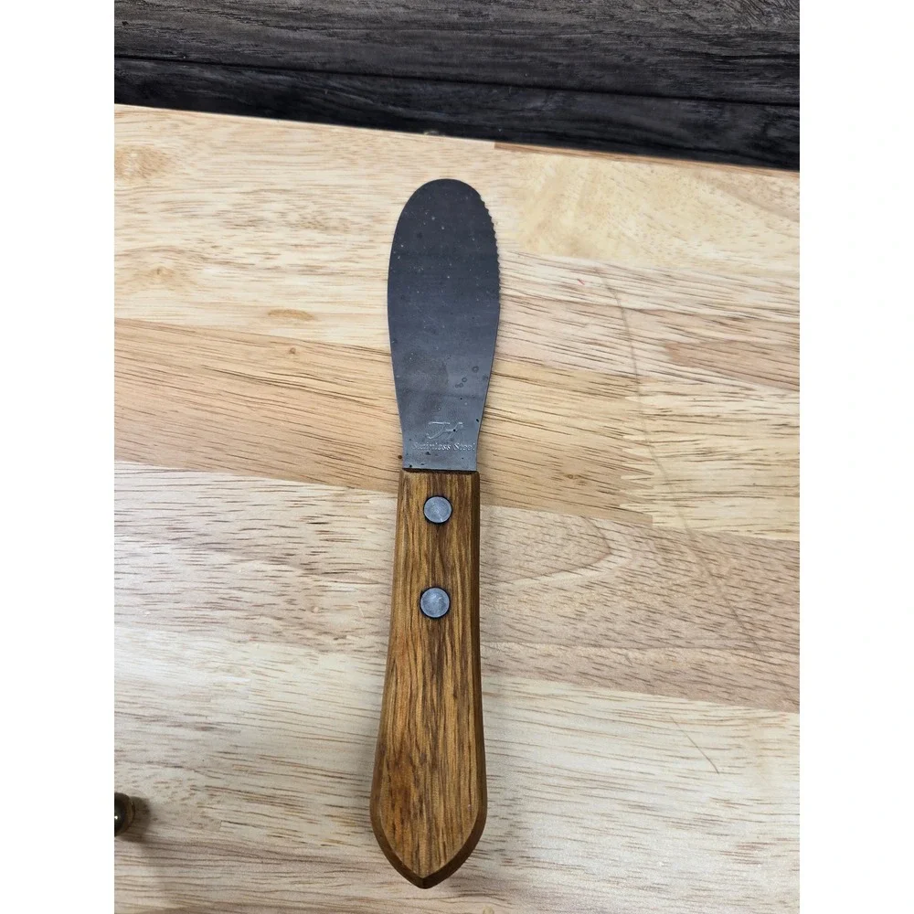 Vintage JH Stainless Steel Sandwich Spreader Serrated Knife Wood Handle 8.25